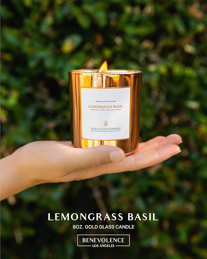 Benevolence LA Lemongrass & Basil Wood Wick Candles | Soy Christmas Scented Candles for Home | Holiday Candle Gifts for Women and Men | Home Fragrance | Aromatherapy | Shelf Decor | 8oz, 45 Hour Burn