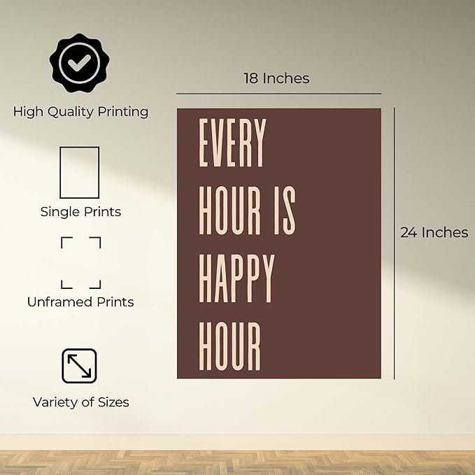 InkFlow Posters Every Hour Happy Hour Poster - Retro Typography Quote Art - Warm Brown Minimal Design - Kitchen Bar Wall Decor Accent - Modern Home Print - 18x24 Unframed Canvas Print