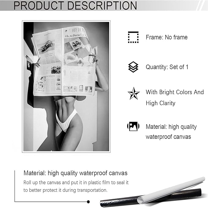 Sexy Glamorous Newspaper Reader Poster Feminist Hot Girls Canvas Wall Art Retro Black And White Room Aesthetic Women Prints Painting For Home Bedroom Dorm Wall Decor 8x12in Unframed