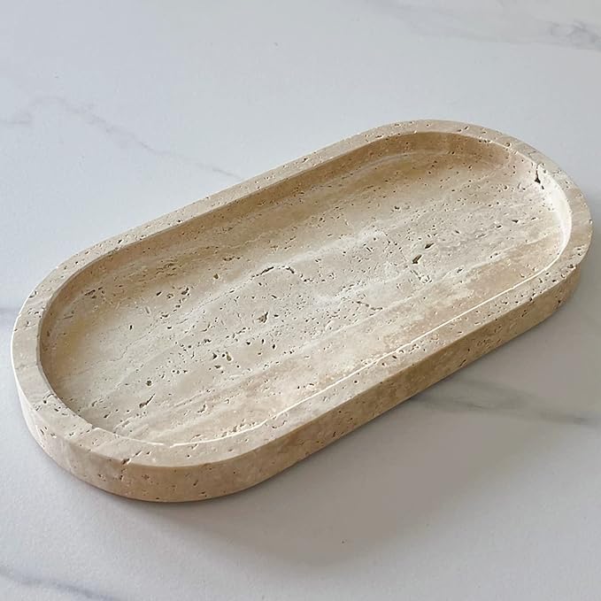 Natural Marble Oval Tray Ornaments Vintage Small Tray Storage Dish for Counter, Vanity, Dresser, Nightstand and Desk (Beige Travertine)