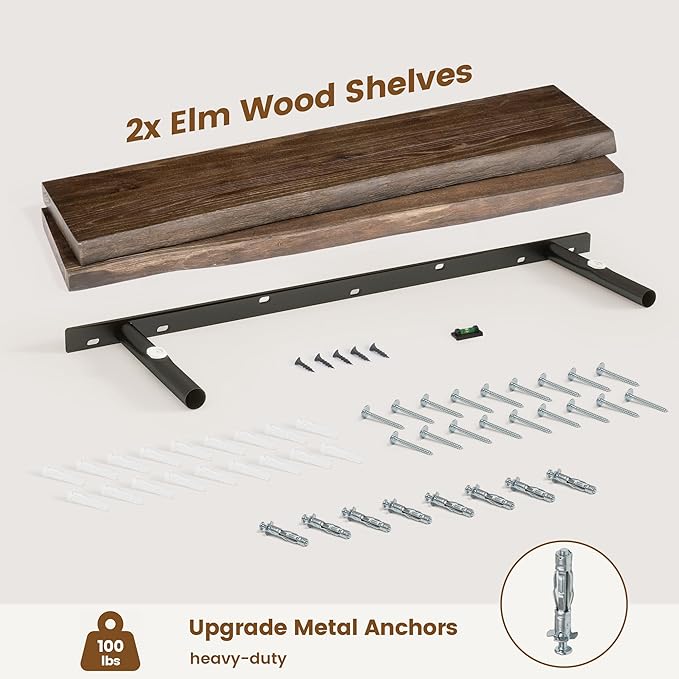 Venusmiles Live Edge Elm Floating Shelves for Wall Decor, Rustic Solid Wood Shevles Wall Mounted with Invisible Bracket for Living Room Bathroom Bedroom Kitchen, 36 Inch Set of 2, Walnut