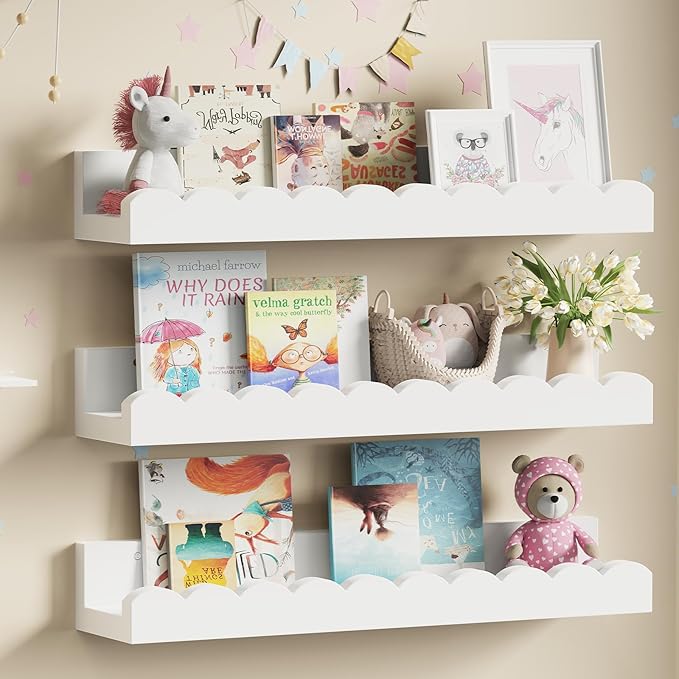 Yirilan 3-Pack Scalloped Shelves, Nursery Shelves for Wall, Floating Nursery Book Shelves for Kids, White