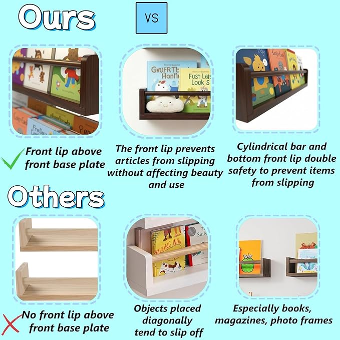 Set of 3 Kids Floating Bookshelves Deep Walnut – 24 Inch Wall Mounted Nursery Book Shelves with Safety Rail – Ideal Storage & Display Shelf for Nursery, Bedroom, and Playroom