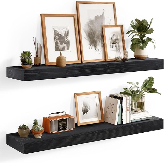 36x6.8x2 Inch Rustic Floating Shelves for Wall Set of 2 - Black Solid Wood Wall Mounted Shelves with Invisible Bracket, Extended Design for Farmhouse Living Room Bedroom Kitchen Decor