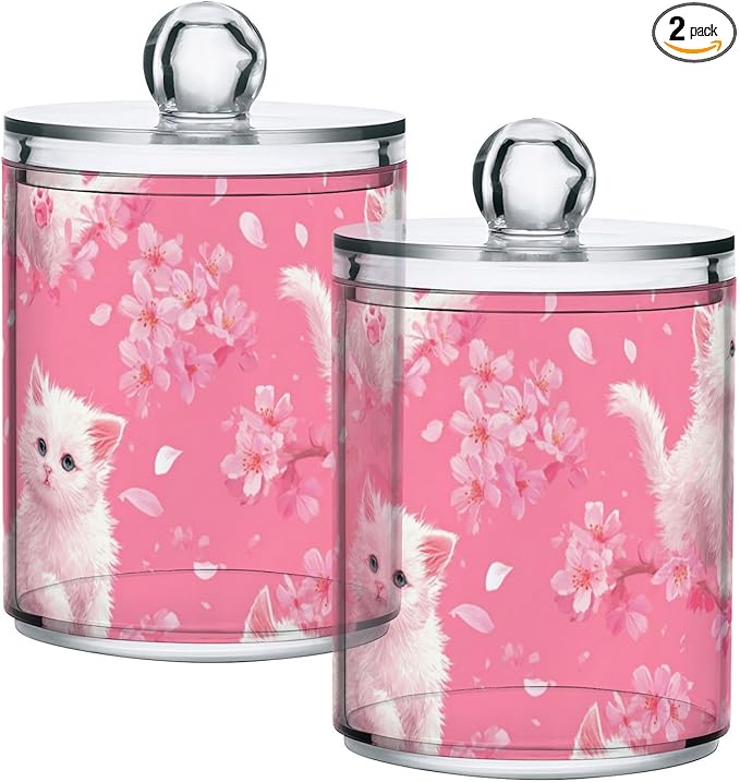2 Pack Apothecary Jars Whimsical White Kitten Cherry Bathroom Vanity Storage Organizer Set,Small Clear Plastic Storage Jars Bathroom Canister for Cotton Swabs, Rounds, Balls, Qtips,Makeup Spong
