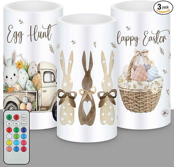 Retisee 3 Pcs Farmhouse Easter Flameless LED Candles Battery Operated Bunny Spring Flickering Pillar Candles with Remote Rabbit Happy Easter Centerpiece for Bedroom Living Room Dinner Table Decoration