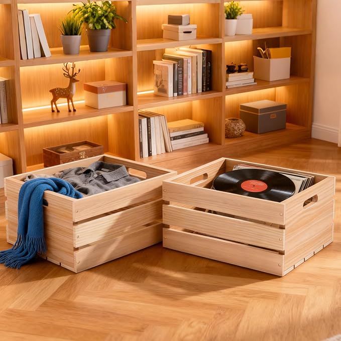 Wooden Crates for Storage - Versatile Pine Box for Home Decor, and Organizing Closets,Vinyl Records, Gifts,Souvenirs, or Farm Produce.Sturdy, Smooth & Elegant,Diy-Friendly with Rustic Charm (1)
