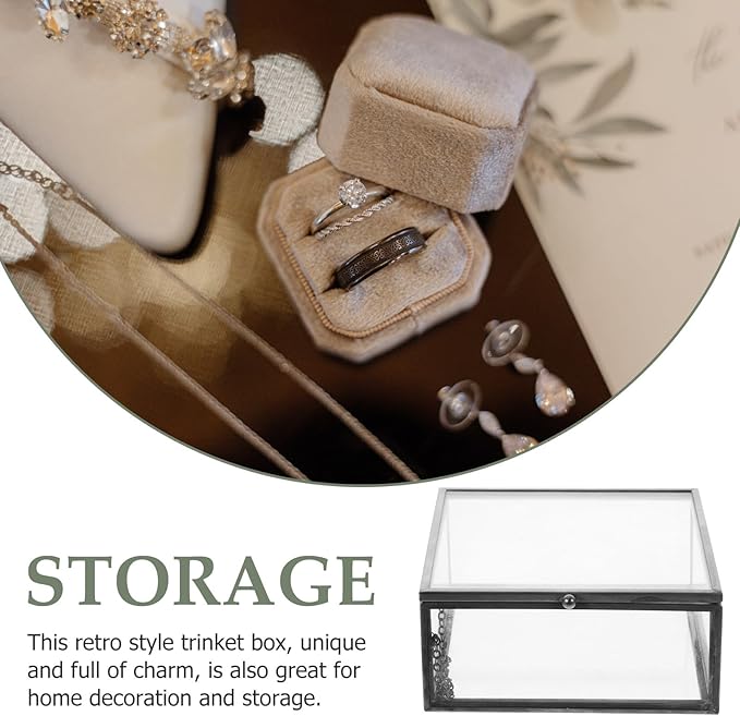 SHINEOFI Jewelry Storage Box with Glass Container and Black Alloy Frame, Perfume and Cosmetic Organizer Case with Lid, Dustproof Desktop Jewelry Holder for Home Use