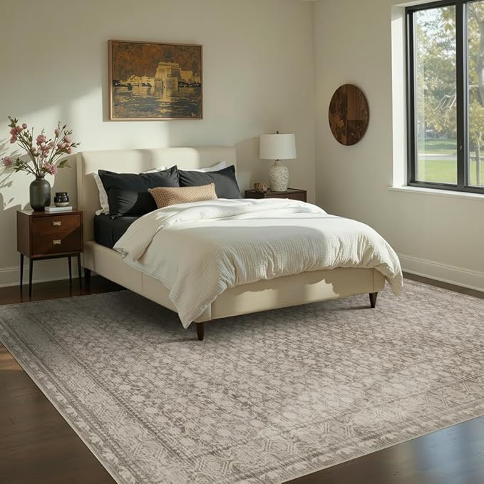 Area Rugs 5x7, Washable Rugs for Living Room, Vintage Boho Rug for Office, Dining Room, Kids Room and Farmhouse, Durable Low Pile Non-Slip Area Rug for High Traffic Areas(Apricot)