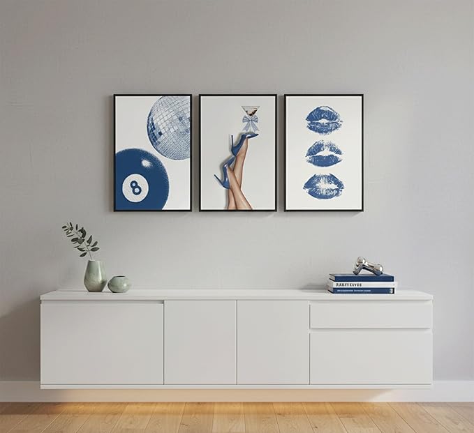 3Pcs BlueTrendy Aesthetic Canvas Wall Art,Fashion High-Heeled Shoe Print Posters,Lucky 8 Ball Lip Pictures,Y2K Stylish Wall Decor for Girls' Bedroom Dorm Apartment. 12x16in Framed