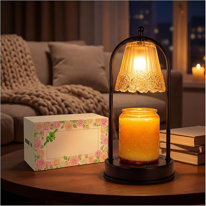 Vintage Rose Candle Warmer Lamp with Timer & Dimmer - Portable Iron Base, Amber Glass Shade, 2 Bulbs Included - Electric Wax Melter for Home Decor (Rose)