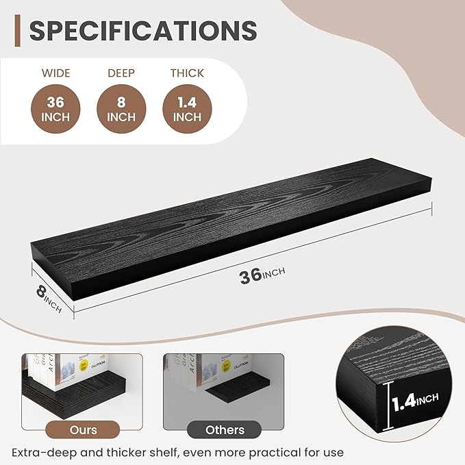 Acovy 36 Inch Floating Shelves, 8 Inch Deep Floating Shelves for Wall, Hanging Shelf with Invisible Brackets, Deep Shelves for Bathroom, Bedroom, Living Room, Black, Set of 2