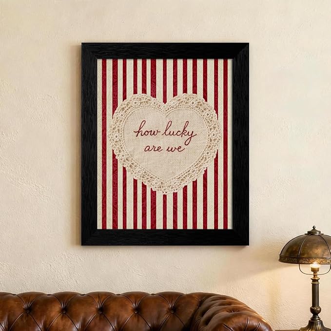 How Lucky Are We Wall Art Red Stripe Affirmation Quotes Poster Coquette Love Lace Heart Canvas Print Fashion Preppy Aesthetic Wall Decor Valentines Day Couple Gift 16X20 inch Black Framed