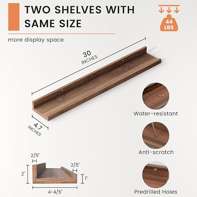 FLYJOE Picture Ledge Shelf, Floating Shelves Set of 2, 30 Inches Nursery Book Shelves for Toys Storage, Kids Bookshelf Wall Mounted for Living Room Bedroom Decor Books Photo Frames, Walnut