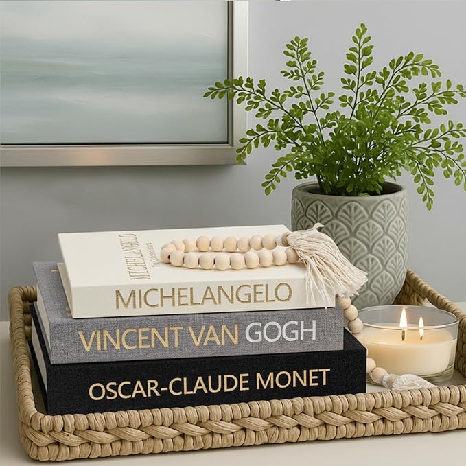Aesthetic Decorative Books for Home Decor w. Wood Bead - Set of 3 Linen Fake Books for Decoration, Coffee Table Book Box Decor for Mantle/Bookshelf/Farmhouse/Entryway/Nightstand