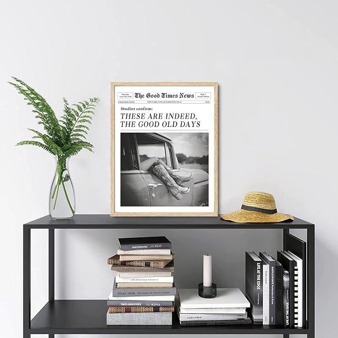 Bwodke OAK Wood Framed Wall Art These Are Indeed The Good Old Days Canvas Art Western Pictures Wall Decor Cowgirl Boots Prints Vintage Newspaper Artwork for Girly Dorm Bedroom 16"x20"