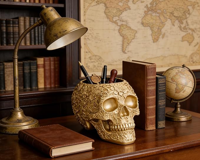 Skull Bowl Decorative Skull Vase Makeup Brush Pen Holder Organizer Dresser Gothic Table Organizer Decoration, Gold Skull Pot Enthusiasts Gifts