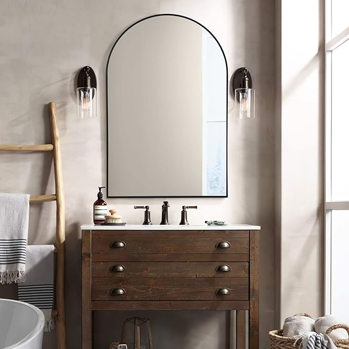 NeuType 36"x24" Arched Wall Mirror, Small Full Length Mirror Hanging or Leaning Against Wall, Dressing Mirror Make-up Mirror for Living Room, Bedroom, Bathroom, Aluminum Alloy Thin Frame, Black