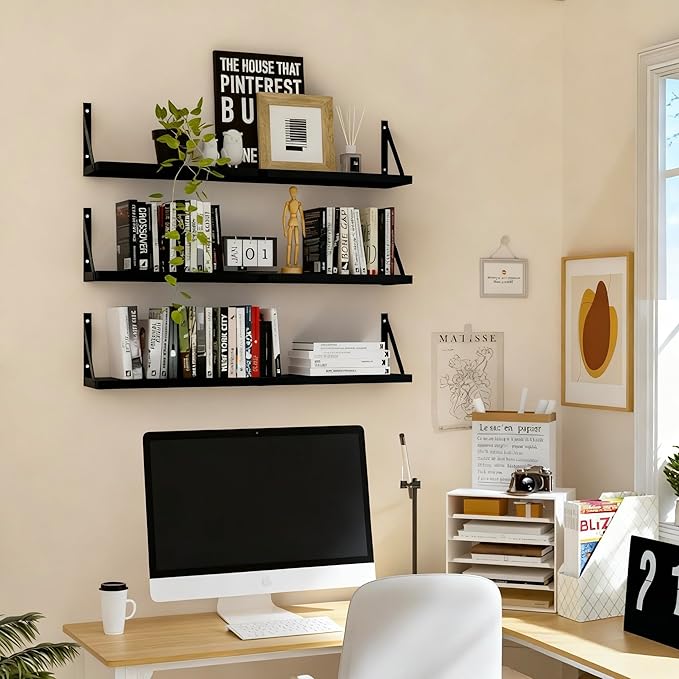 Floating Book Shelves Set of 3, Wall Bookshelf, 33 inch Long Wood Shelf for Wall Storage, Hanging Shelving for Bedroom, Bathroom, Living Room, Kitchen, Office and Plants (Black)