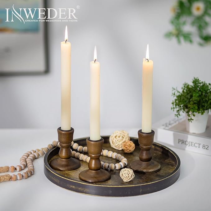 Wooden Taper Candle Holders: Wood Candlestick Holders Rustic Brown Farmhouse Fall Decor for Living Room Dinning Table Centerpiece Christmas Set of 2