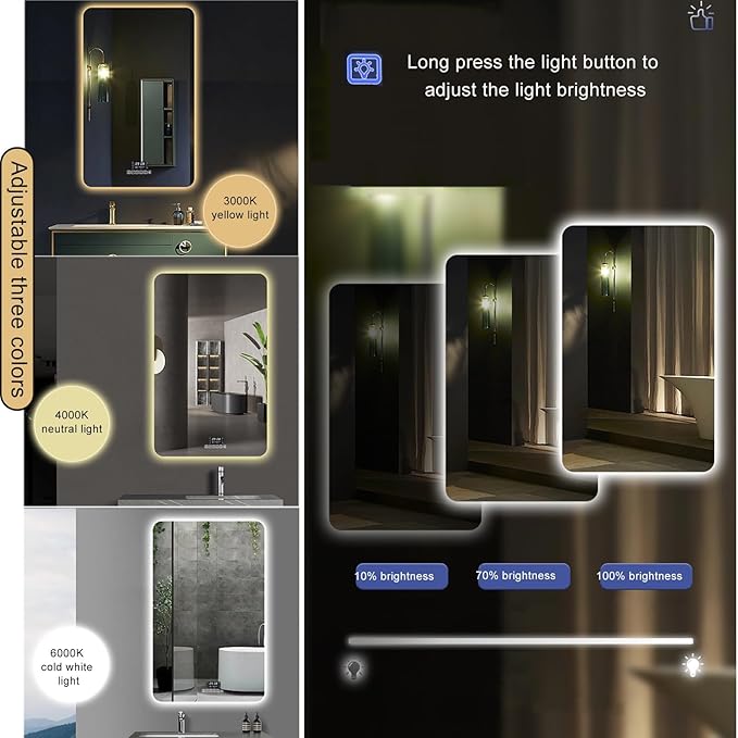 Illuminated LED Bathroom Mirror,Frameless Rectangle,Wall Mounted Make Up Mirror,3 Colors Dimmable Lighting,Anti-Fog Vanity Mirror with Touch Switch, for Bathroom Living Room (Colo
