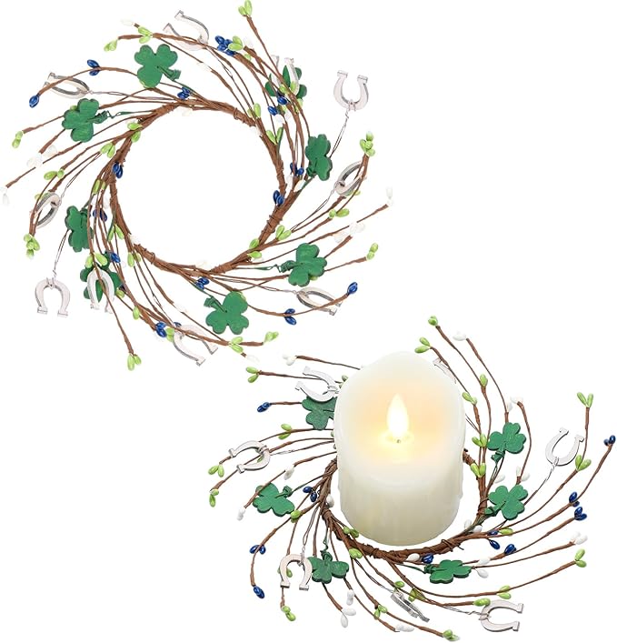 Daifunli 2 Pcs St. Patrick's Day Candle Ring Shamrocks Rings Wreaths Vintage Clover Berries Wreaths for Pillar 3.9 Inch Candles Holder for St. Patrick's Day Irish Rustic Table Centerpiece Decor