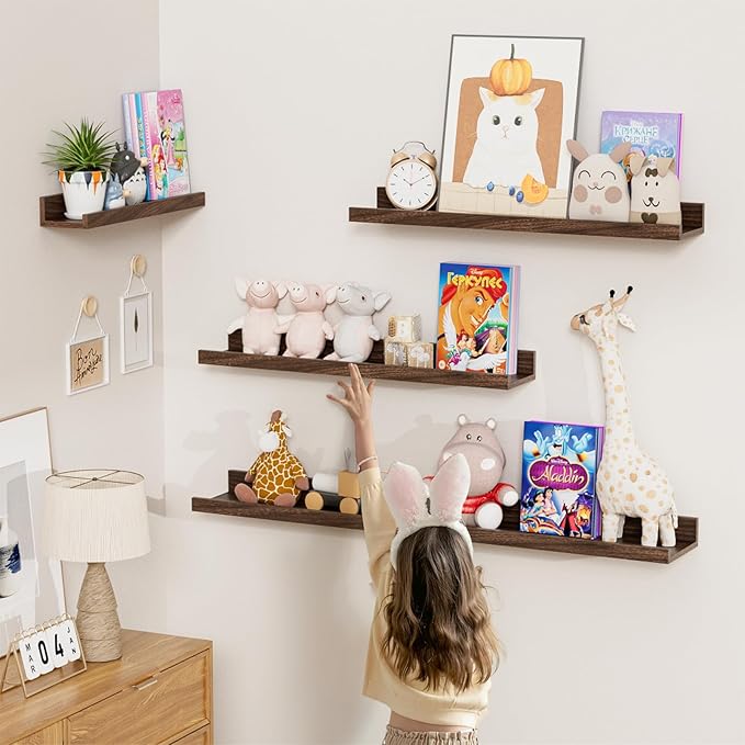 Heimlove Picture Ledge Shelf,24 inch Long Floating Shelves for Wall Set of 4,Picture Shelf with Lip for Wall Decor,Living Room,Bedroom,Bookshelf,Nursery,Perfume,Walnut Color