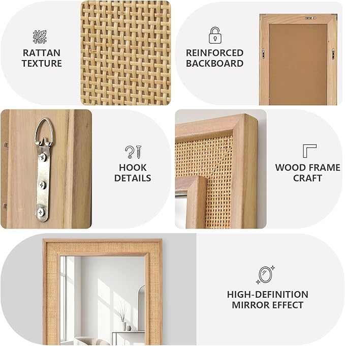 Rattan Full Length Mirror,24"x48" Long Rattan Wall Mirror,Wooden Mirror with Wicker Frame,Decorative Full Body Mirror Hanging,Farmhouse Rectangle Floor Mirror for Bathroom Living Dressing Room Nature