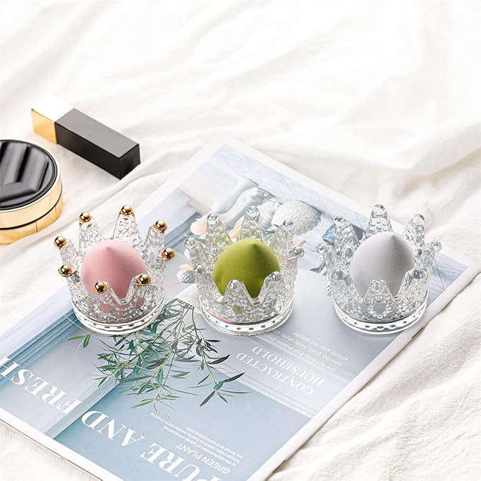 Crystal Glass Candle Holder Set of 3 Crown Shaped Makeup Sponge Beauty Egg Storage Rack Jewelry Watch Nail Art Dappen Dish Wedding Christmas Decor