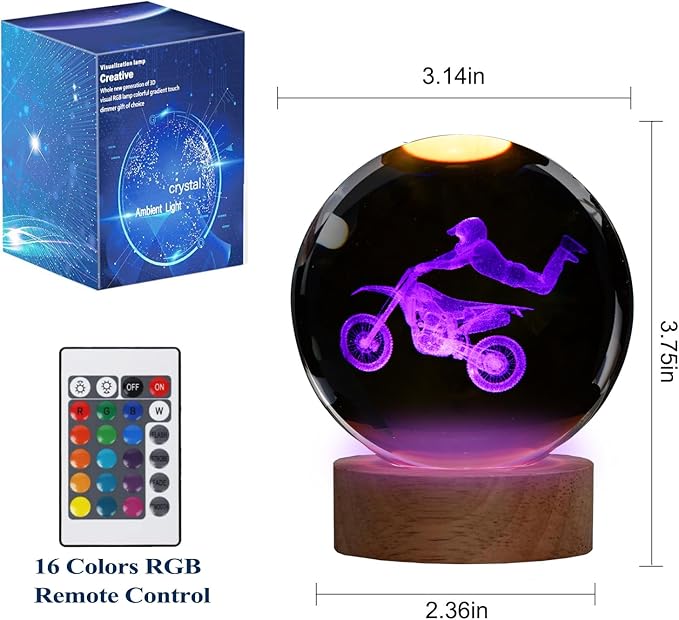 Dirt Bike Night Light, Dirt Bike Gifts, 3D Crystal Ball Dirt Bike Lamp with Remote Upgraded 3.15 Inch with 16 Color for Birthday Xmas Cool Figurines Motor Bike Gifts for Room Decor Boys Girls