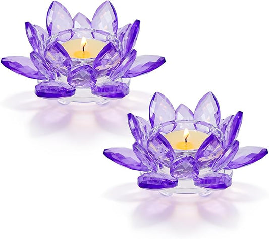 2 Pcs Purple Crystal Lotus Flower Tealight Candle Holder | Glass Votive Candlestick Decor for Home, Wedding, Party & Christmas Table Centerpieces