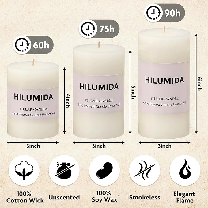 White Pillar Candles Set of 3 - Hand-Poured Unscented Candles, Smokeless Decorative Candles for Home, Set of 3 in Different Sizes (4", 5", 6")