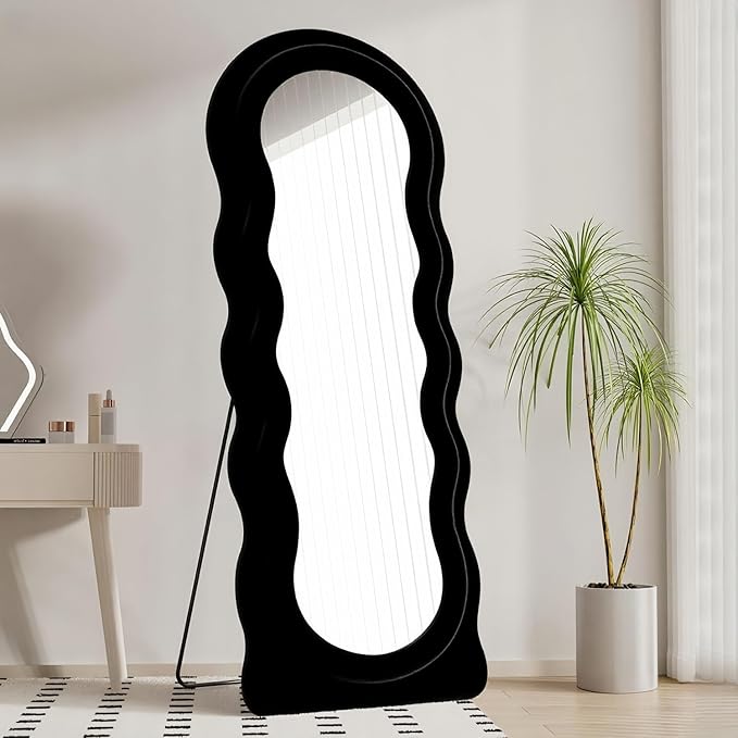 Dewfig Wavy Full Length Mirror with Stand, 63" x 24" Irregular Floor Mirror, Large Floor Length Mirror, Freestanding/Leaning/Wall Mounted, Flannel Wrapped Wooden Frame for Bedroom/Living Room, Black