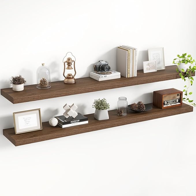 Acovy 55 Inch Floating Shelves, 8 Inch Deep Floating Shelves for Wall, Hanging Shelf with Invisible Brackets, Deep Shelves for Bathroom, Bedroom, Living Room, Walnut, Set of 2