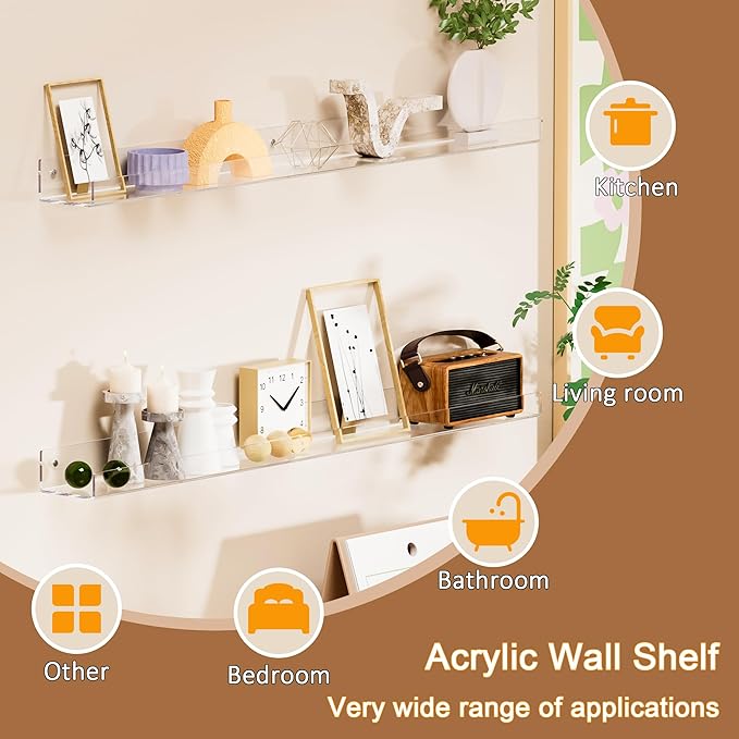 36'' Clear Acrylic Wall Long Shelf 2 Pack, Acrylic Floating Book Shelves, Wall Mounting Invisible Ledge Book Shelf