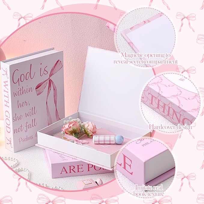 Beeveer 3 Pcs Pink Bow Decorative Books with Bible Verses for Coquette Room Decor Christian Preppy Fake Books with God All Things Are Possible Magnetic Storage Box for Girly Bookshelf School Christmas