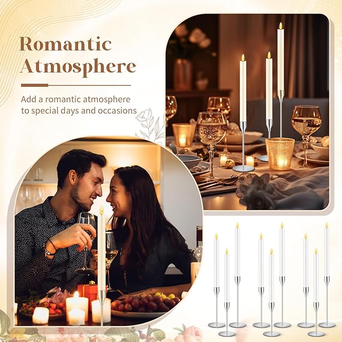 FillTouch 30 Pcs Silver Candlestick Holders with Flameless LED Candles Bulk Includes 15 Metal Candle Holders and 15 Battery Operated Taper Candles for Wedding Valentines Table Centerpieces Home Decor