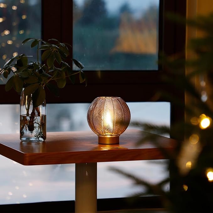 LUSHARBOR Battery Operated Lamp with Timer, Small Glass Table Lamp, Decorative Cordless Battery Powered Bedside Lamps for Living Room Shelf Decro Desk -Amber