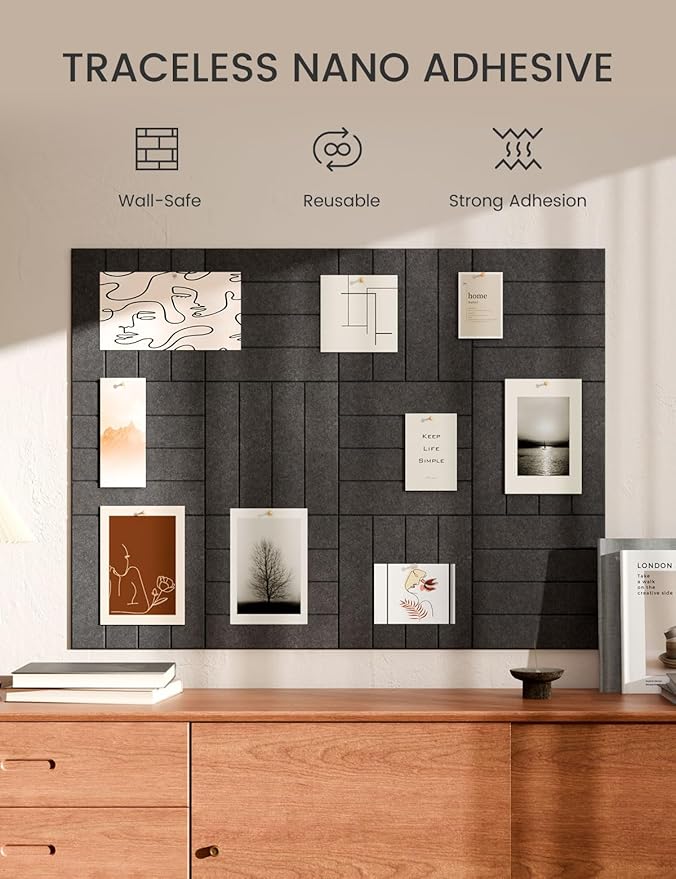 Bumusty Large Cork Board Alternative-48 x 36" Felt Bulletin Board Tiles, with 30 Pushpins, 70 Adhesive Tabs, Bold-Stripe 12-Pack, Cork Boards for Office Push Pin Board Felt Board-Charcoal Gray