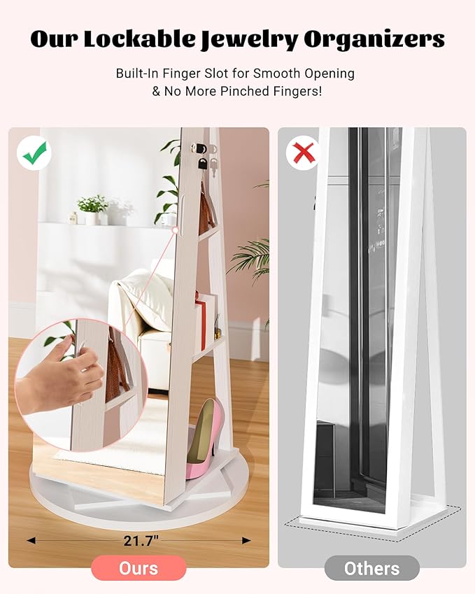 6 LEDs Jewelry Cabinet Standing Lockable with Rotatable Full-Length Mirror, 360° Swivel Jewelry Armoire with Jewelry Storage, 3 Rear Shelves, Jewelry Organizer for Best Gift, White