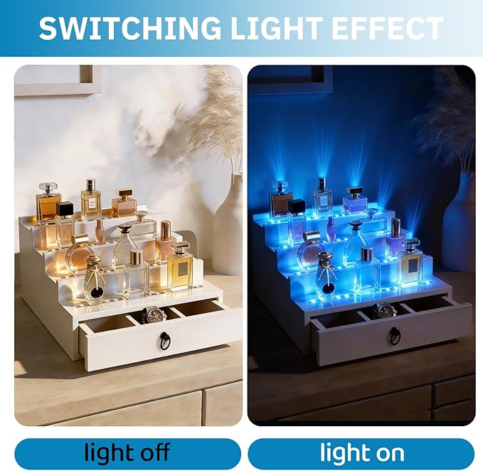 RGB LED Lighting Perfume & Cologne Organizer for Men with APP Control,Music Beat Sync LED,Cologne Stand Shelf,4-Tier white Wood,Ideal Gift for Men,Includes 12V Power Adapter for Instant Use (white)
