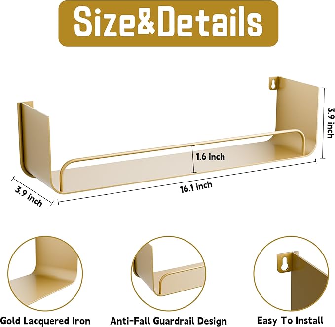 16 Inch Gold Floating Shelves Set of 2, Narrow Iron Bathroom Shelves with Guardrail, U-Shaped Wall Mounted Shelf for Home Decor & Organizer, Display Shelf for Bathroom,Kitchen,Bedroom&Any Room