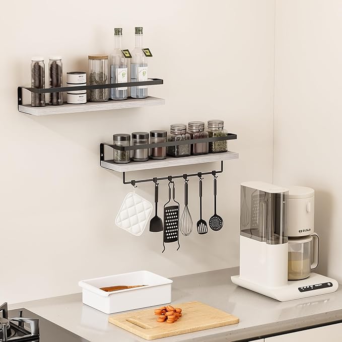 Bathroom Shelves with Towel Bar,Floating Shelves for Bathroom, Kitchen, Bedroom, Paulownia Wood, Matte Black Metal Frame - Set of 2 (White)
