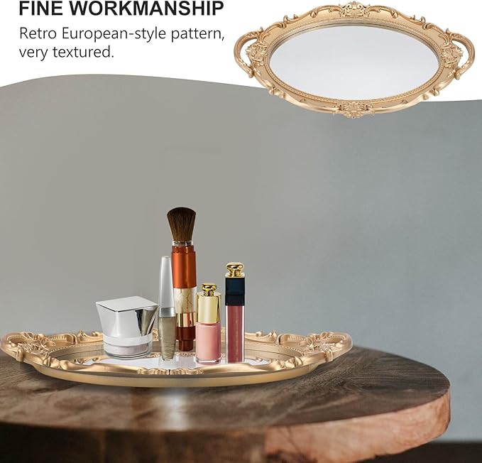 TIDTALEO Vintage Mirror Tray Perfume Photographing Prop Decorative Storage Plate Makeup Organizer Retro European Oval Gold Vanity Tray for Home Décor