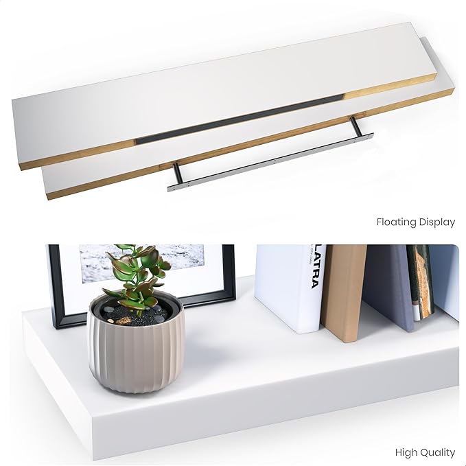 Ballucci Floating Shelf, 48" Wood Wall Shelf with Invisible Brackets for Bathroom, Living Room, Bedroom, Kitchen, Nursery, 8" Deep, White