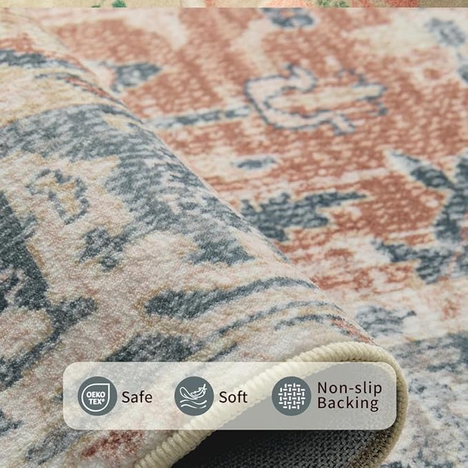 Rugxara Orange 5x7 Area Rugs for Living Room Bedroom, Washable Rug, Coral Vintage Retro Boho Rug, Non Slip & Low Pile Carpet for Indoor Dining Room, Kids Room, Nursery Room(Coral Blue 5x7ft)