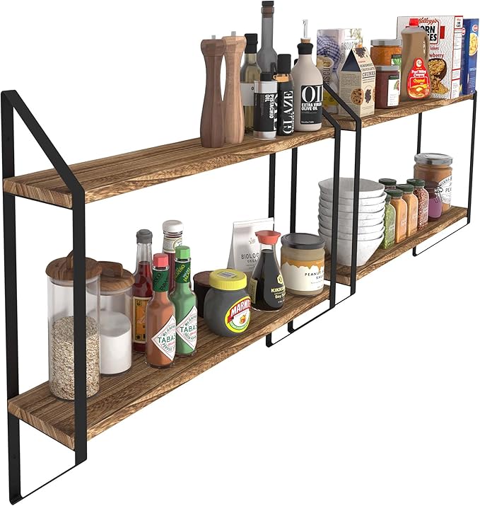 Wallniture Ponza 24 Inch Wood Floating Shelves for Wall, 2-Tier Kitchen Pantry Organization and Storage Shelves Set of 2, Natural Burned Finish