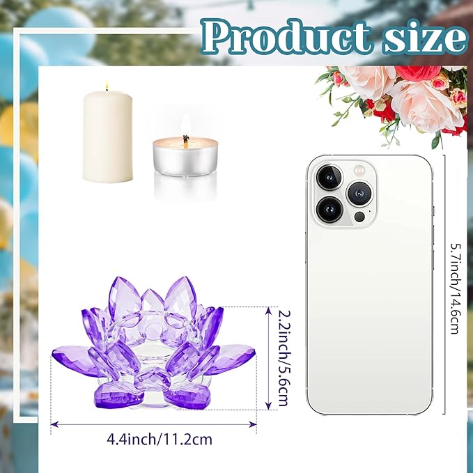 2 Pcs Purple Crystal Lotus Flower Tealight Candle Holder | Glass Votive Candlestick Decor for Home, Wedding, Party & Christmas Table Centerpieces