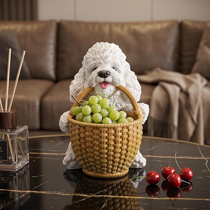 Dog Resin Storage Basket, Desktop Organizer for Remote & Keys, Cute Home Decor Tray, Ideal present for Pet Lovers.(White Poodle)