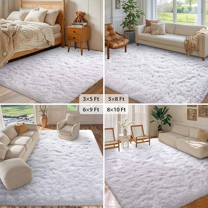 FinRèc 6x9 Feet White Rugs for Bedroom Living Room, Plush Shag Area Rug, Non-Slip Fluffy Furry Rug for Nursery Kids Room Dorm Room Home Decor, Indoor Shaggy Floor Carpet